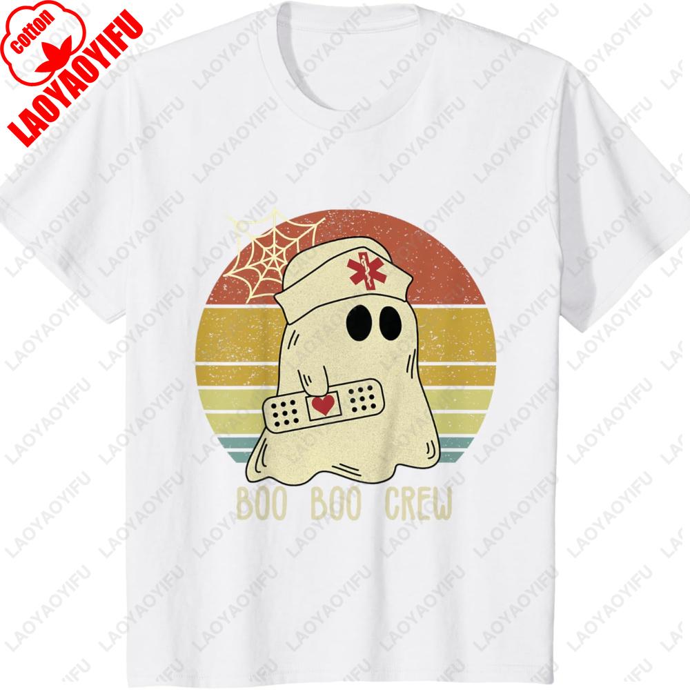 Boo Boo Crew Nurse Halloween Graphic T Shirts Spider Web Woman Men Cotton Tshirt Tops Lovely Ghost Nurse Crewneck T-shirt