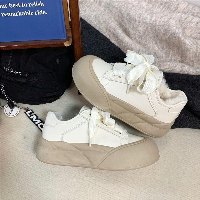 Høyverdi tykksålede brød bomull damesko vinter fløyel avslappet små hvite sko skinnoverflate vanntett varm brettsko