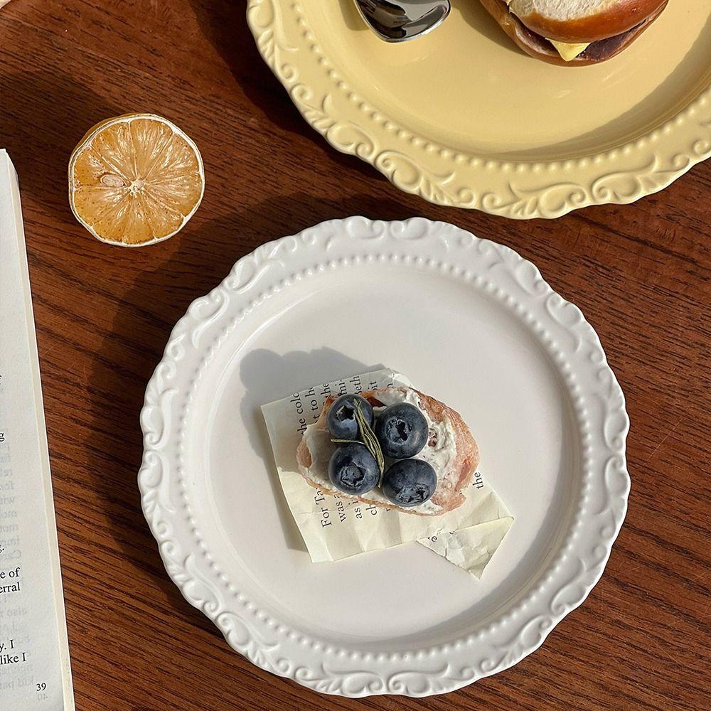 Embossed Design Ceramic Dessert Plate White/Yellow Color Western Dining Tableware  Kitchen Use