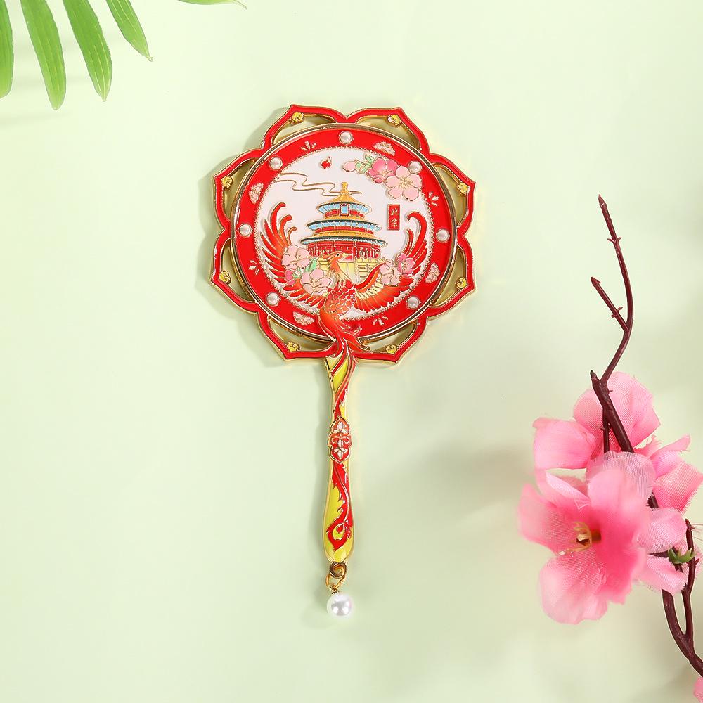 Lotus Handle Makeup Mirror with Temple of Heaven Pearl Pendant - Portable Cultural Style Mirror
