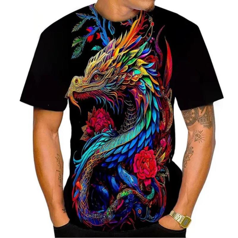 

Футболки с 3D-принтом «Дракон и цветы» для мужчин и женщин, модные футболки с коротким рукавом и круглым вырезом, топы в стиле Харадзюку, одежда, футболка 6xl
