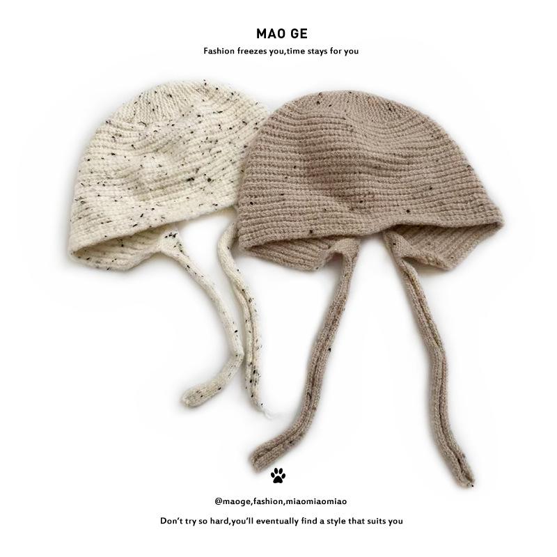 Cat Brother Kids' Polka Dot Lace-up Knit Hat with Ear Protection - Autumn/Winter Fashion for Boys and Girls