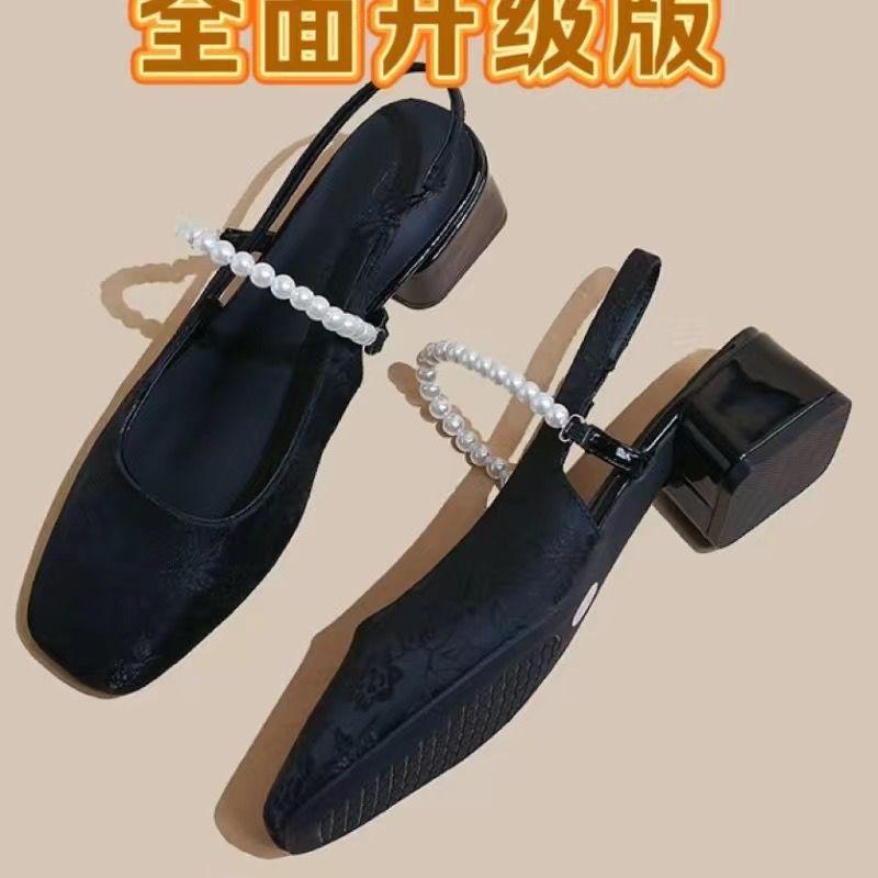 Guofeng Neue Chinesische Stickerei Perle Baotou Sandalen Damen 2025 Neu Dicke Ferse Mittelhohe Ferse Eckiger Kopf Fee Einzelne Schuhe Damen