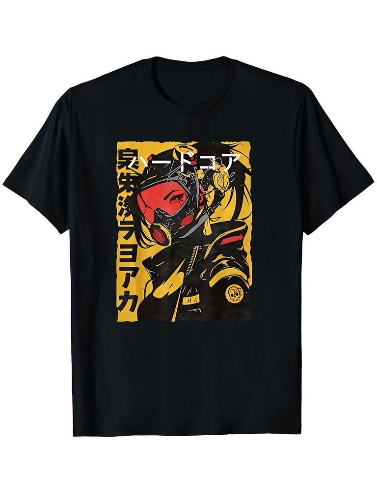 Unisex T-shirt Men'S Japanese Cyberpunk Y2K Anime Graphic T-Shirt - Bold Red And Black Japanese Text And Manga Art,