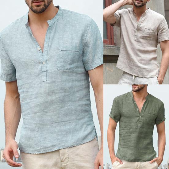 Men Solid Color Button V Neck Patch Pocket Linen Short Sleeve T-Shirt Summer Top