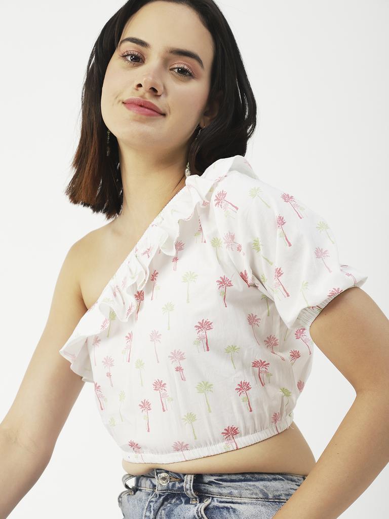 Moomaya Women  S Printed Crop Top, One Shoulder Cotton Casual Summer Top