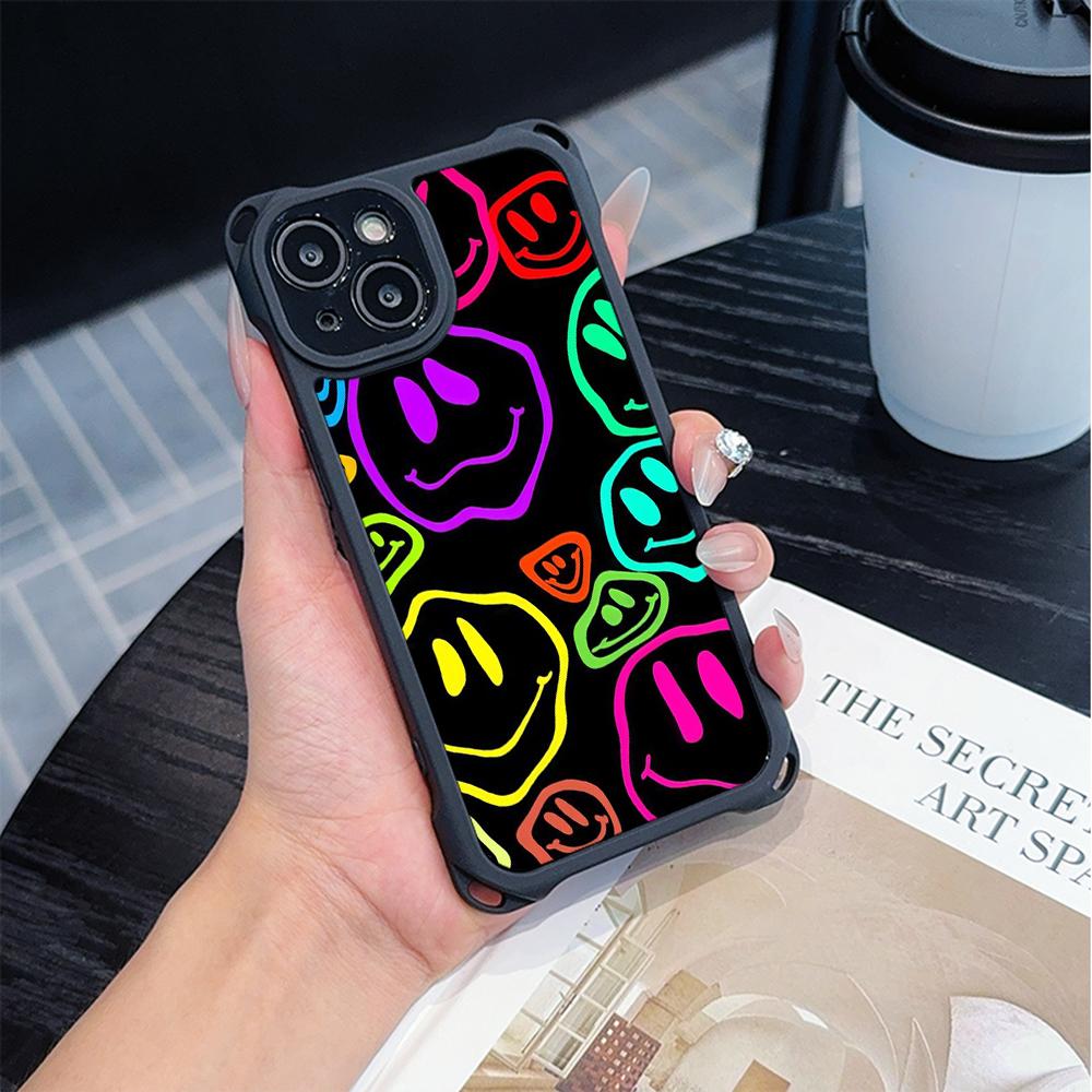 Ae88 Lovely Smiley Art Soft Phone Cases for iPhone 16 15 14 13 12 11 Pro Max XR with Wrist Strap Lanyard Corner Protection Back Cover