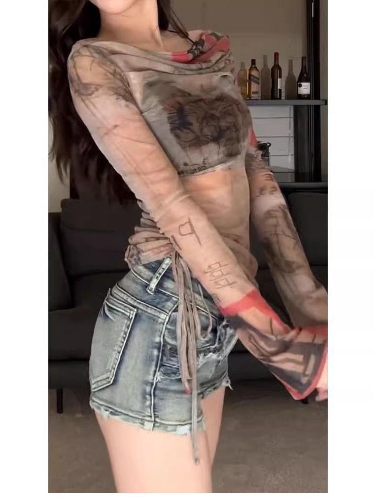 Amerikanische Retro Ein-Schulter Mesh Bluse - Langärmeliges Frühlingsdesign