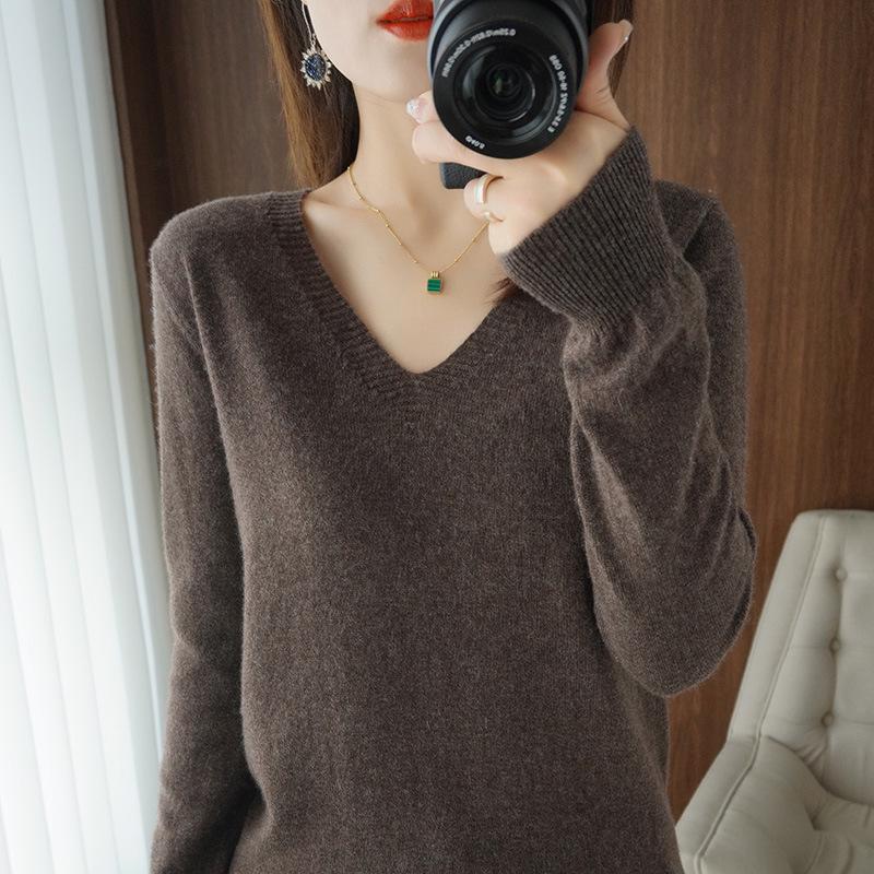 Korean Style V-Neck Long Sleeve Knitted Sweater for Women - Autumn/Winter Solid Color Loose Fit Pullover Top