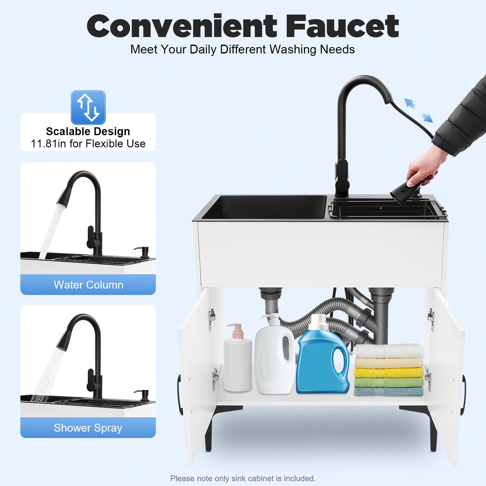 Pull Out Faucet Kitchen Sink, 30  Freestanding Stainless Steel Double Basin with Cabinet, Soap Dispenser & Drain Basket, for Ho