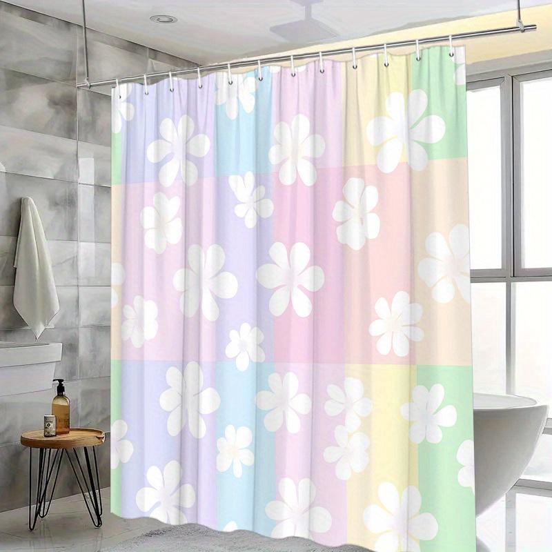 Pastel Floral Grid Shower Curtain - Soft Color Palette, Polyester, 12 Hooks, Washable, Fashion Theme, Woven Fabric, Line Dry