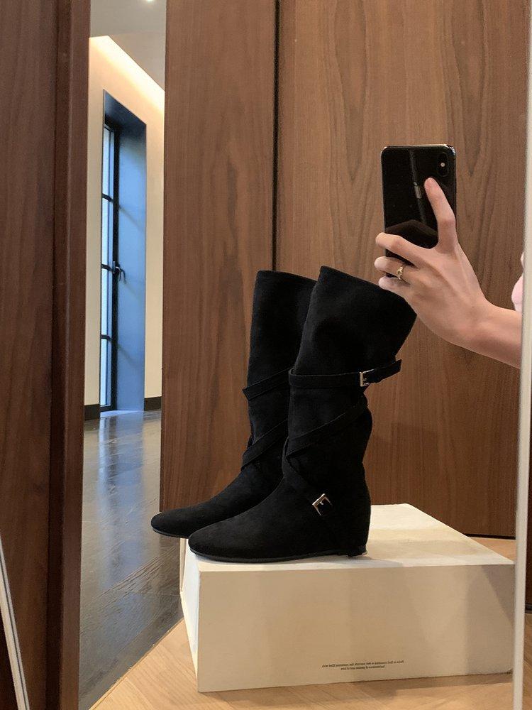 2025 new retro western cowboy boots women's soft pleated stacked boots inner height-increasing boots medium tube fashion