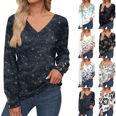 Women's Tops Floral Print Long Sleeve Shirt V Neck Casual Loose Tee Autumn Clothing