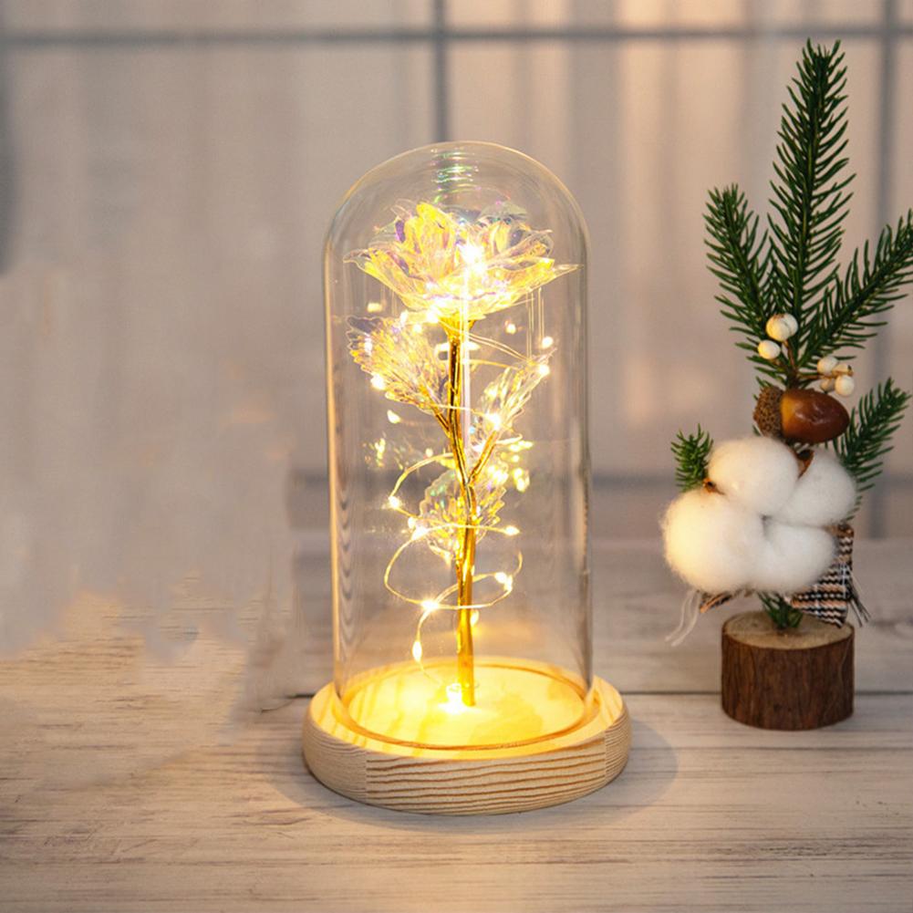 Glass  Dome  Cover  Roses  Ornaments Colorful Bendable Led Light Bar Valentine Day Creative Gift Weddings Family Dinners Decoration