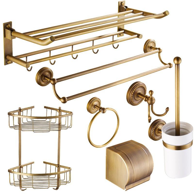 All Copper Antique Bathroom Hardware Set Towel Rack Basket Bath Storage Organizer