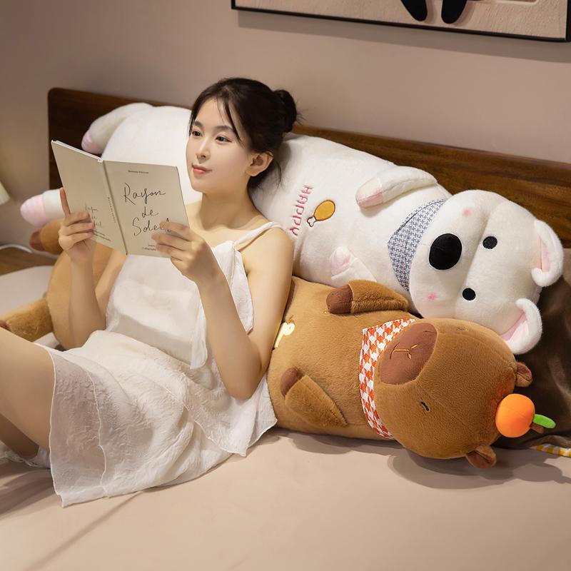 Adorable Animal Series Long Plush Body Pillow Bear Bunny With Checkered Bandanas And Cute Faces Soft Decor Cuddly Toy
