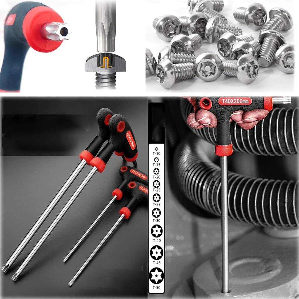 KEWAYO Hex Wrench Hex Key Allen Chrome Vanadium Star for Car and Machine Repair 9-Piece Set, T-Handle Wrench, Steel, Shape, T10, T15, T20, T25, T27,