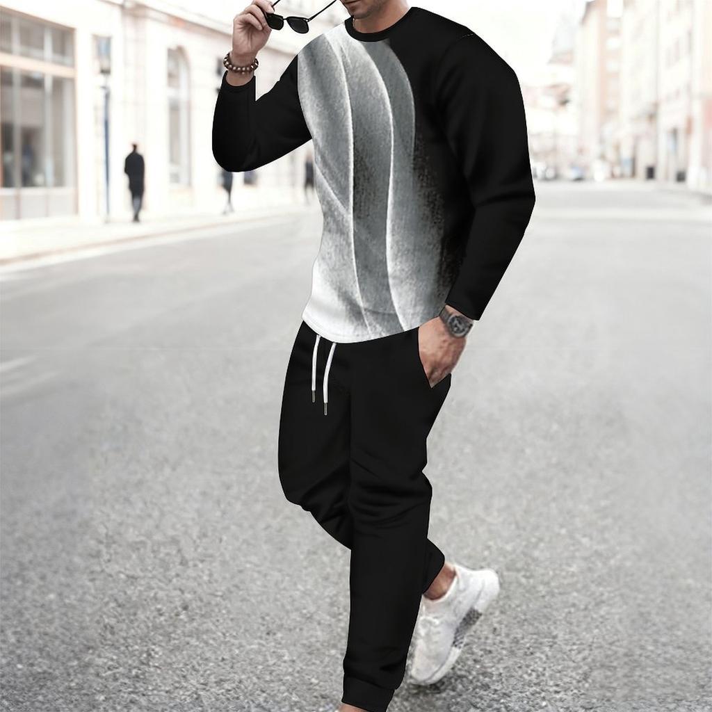 Men Black White Abstract Curve Line Print Long Sleeve Sweatshirt Jogger Pants Two Piece Suit