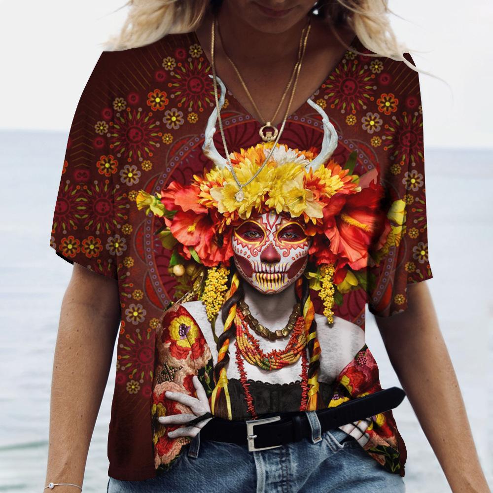 Summer V-neck 3D Funny Face Printed Top Fashionable Casual Short Sleeved Women's T-shirts