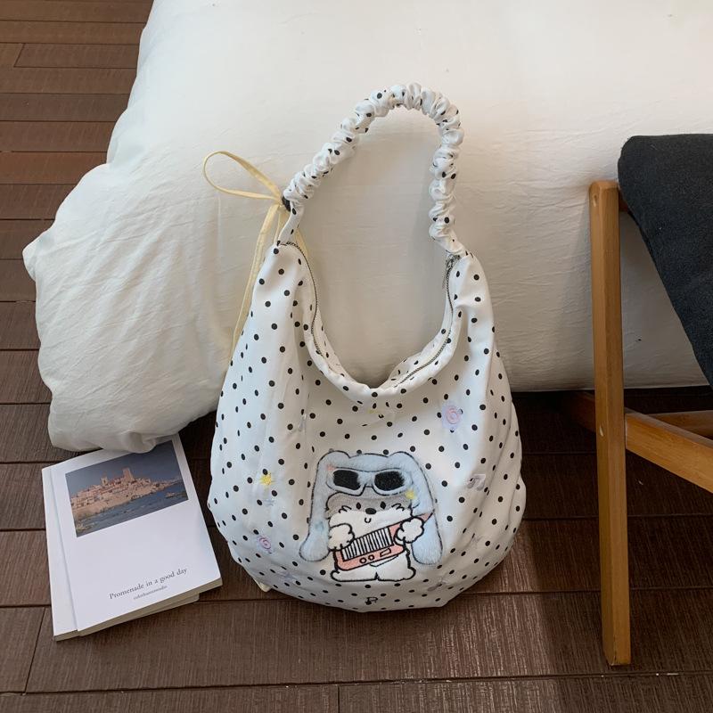 

Cartoon Cute Polka Dot Tote Bag, Fashionable Pleated Commuter Shoulder Handbag, Versatile Casual Nylon Purse for Women