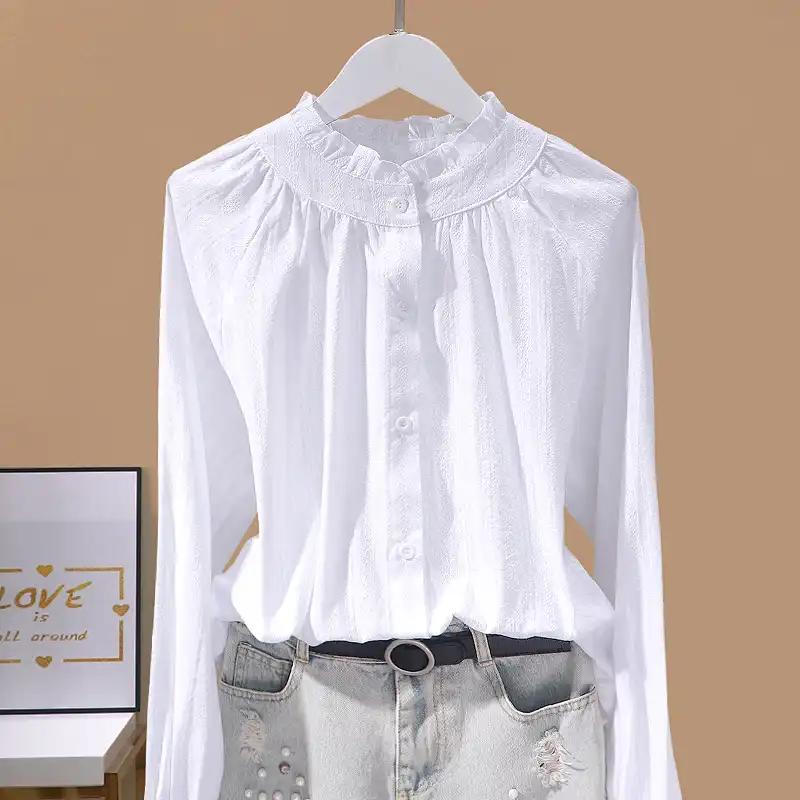 

Women s White Ruffled Stand Collar Blouse Long Sleeve Casual Loose Fit Button-Down Shirt S