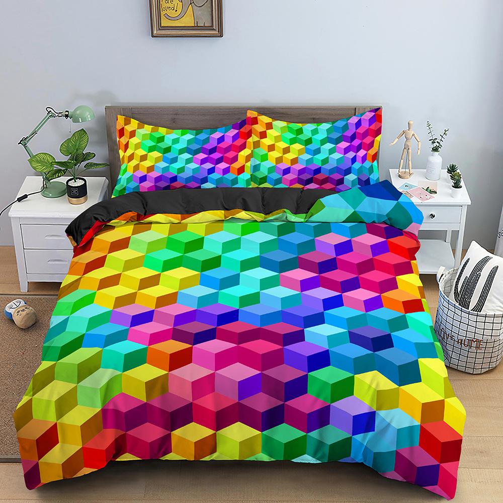 Multicolor Duvet Cover Set Colorful Hearts Queen Size Bedding Set For Teen Microfiber Geometric Cartoon Love Heart Quilt Cover