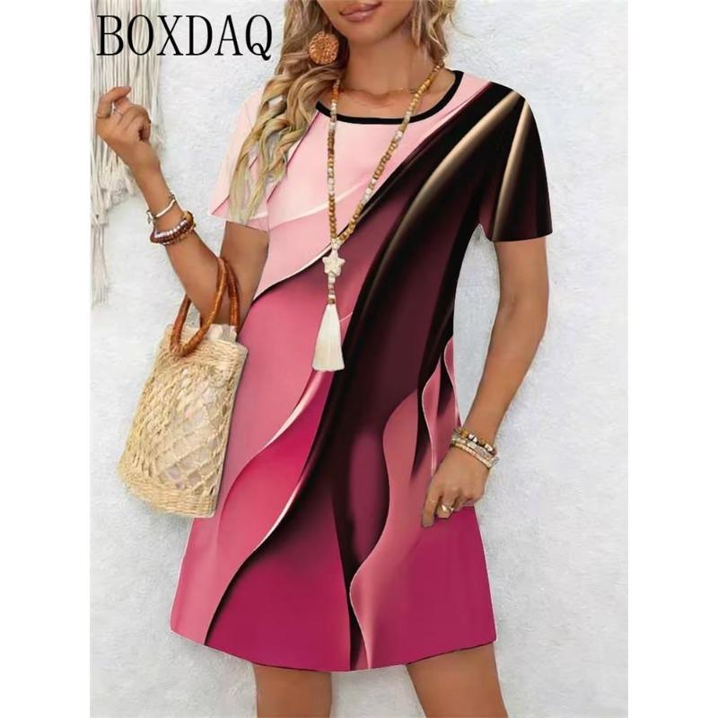 New Summer Women's Dresses Casual Short Sleeved Round Neck Abstract Pattern Printed Loose Dress