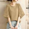 ZANZEA Blusa Casual de Mujer con Cuello Redondo y Encaje en la Manga Media