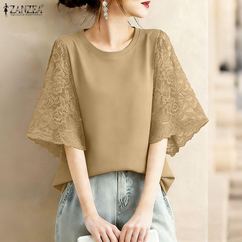 ZANZEA Blusa Casual de Mujer con Cuello Redondo y Encaje en la Manga Media
