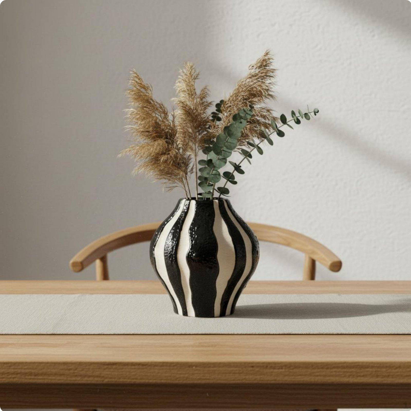 Black and White Striped Vase Minimalist Design Vertical Stripe Flower Statement Centerpiece