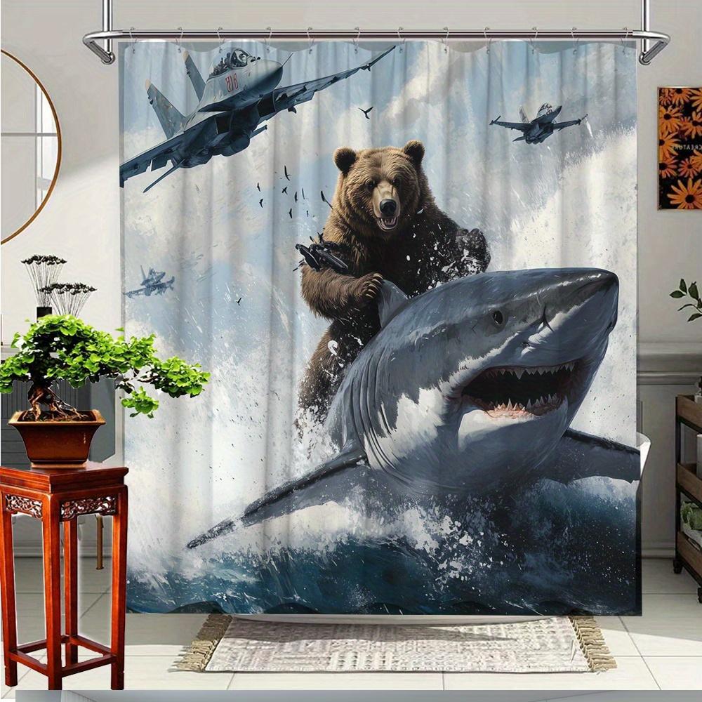 

1pc Creative Bear Riding Shark Shower Curtain - Artistic Bathroom Decor with Fun Ocean Adventure Design, Durable Polyester Fabri 90x180cm
