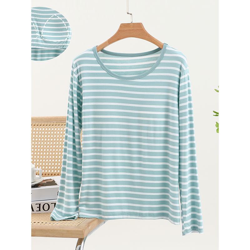 Thin Stripes Chest Pad T-shirt Long Sleeve Modal Bra-Free Undershirt Outwear Loose Easiest for Match Homewear Tops