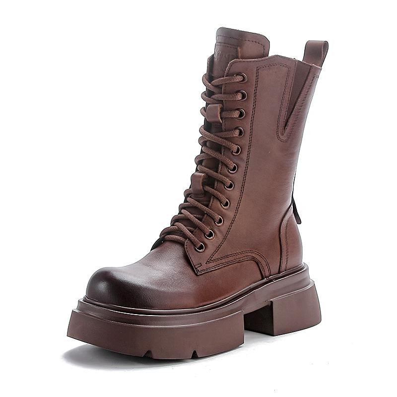 Cowhide Medium Boots Women's Genuine Leather Cotton Short Knight Boots Retro British Style Thick-soled Boots YR-YR1616