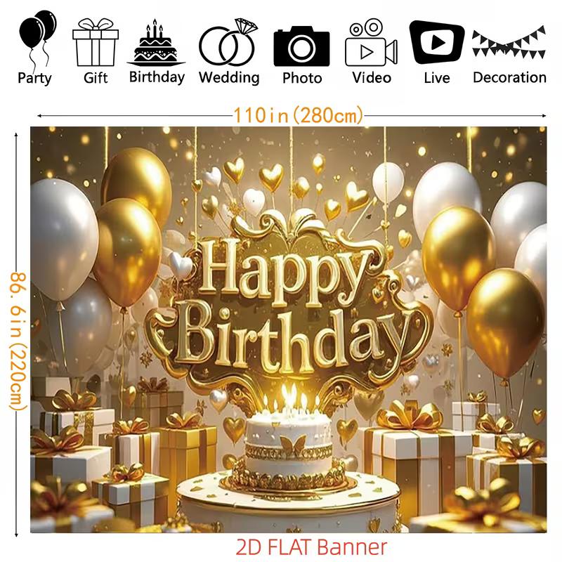 Sfondo di Compleanno 2D Oro Bianco Glitterato con Palloncini, Torta e Scatole Regalo