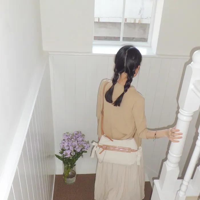 Belted ribbon bag_canvas caramel