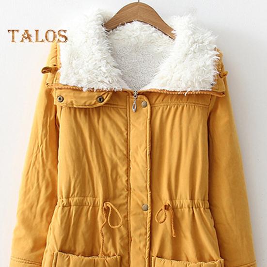 Winter Women Jacket Thickened Plush Turn-down Collar Long Sleeves Elastic Waist Pockets Zipper Closure Coat Mid Length Windproof Warm Coat