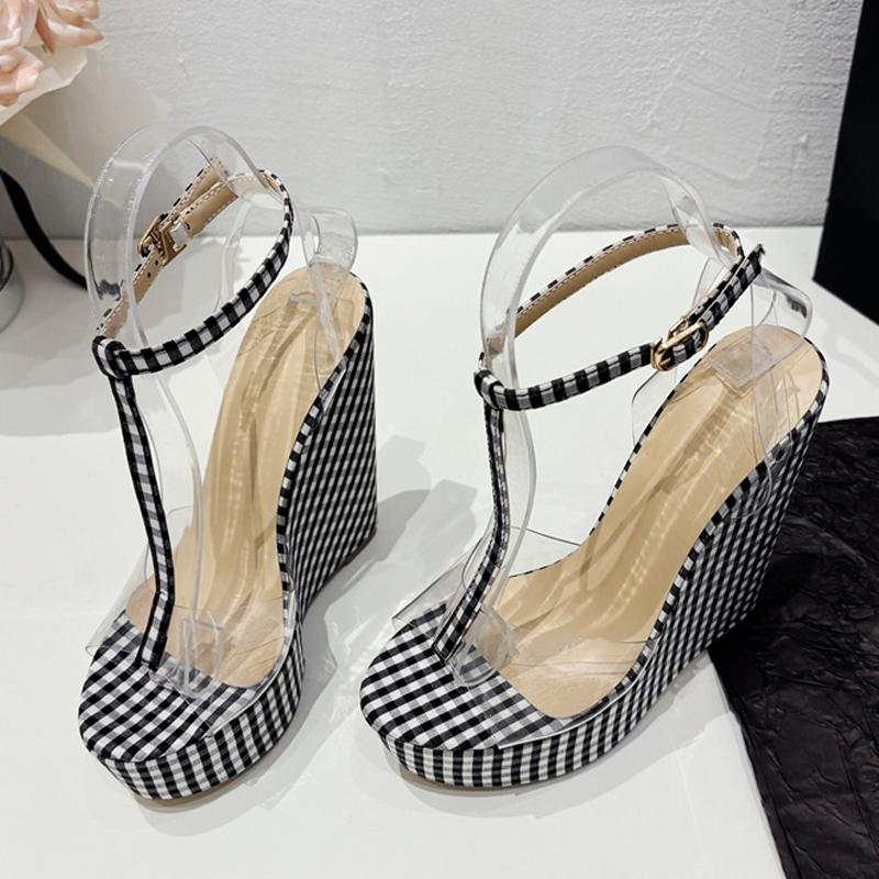 Liyke Sommer PVC Transparent Damen Keilsandalen Mode Schwarz Weiß Gitter Plateau High Heels Sexy Offene Zehen Party Kleiderschuhe