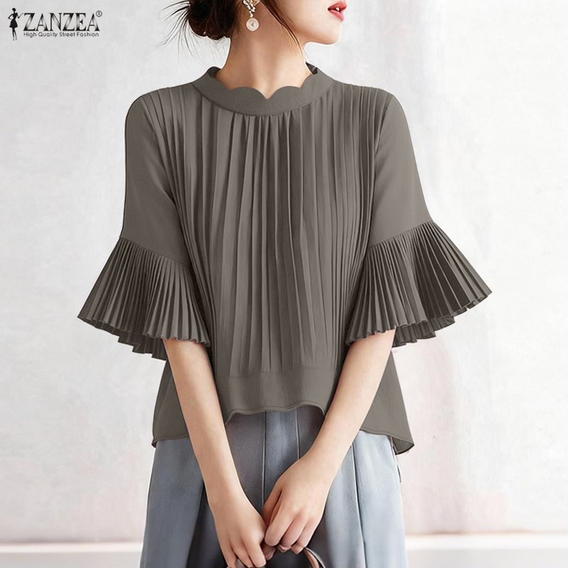 ZANZEA Women Casual Round Neck Flare Half Sleeve Loose Blouse