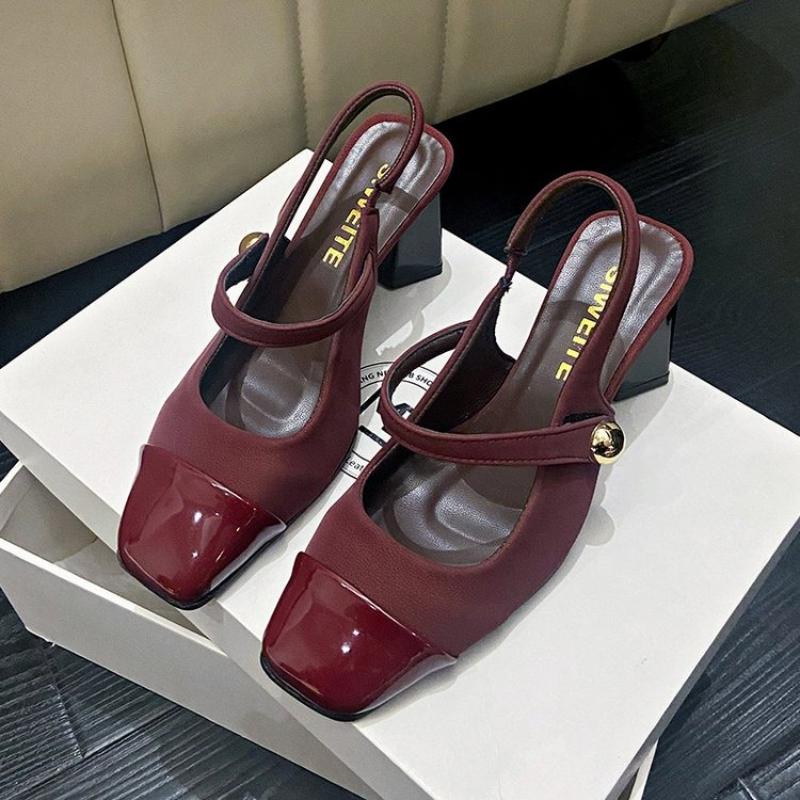 Fashion Summer Genuine Leather Toe Block Heel Mary Jane Shoes Women's High Heels Fashion Women's Shoes Comfortable and Elegant Sandals