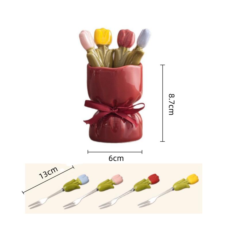 Creative and Cute Flowers Tulip Stainless Steel Fruit Fork Cutlery Fork Cartoon Bouquet Storage Set Food Decoration
