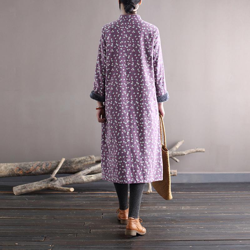 Johnature Women Loose Padded Dress Vintage Print Floral Stand Long Sleeve Dresses Winter Chinese Style Casual Clothing