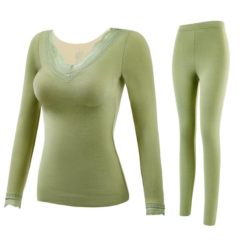 Women's Thermal Underwear Set with Chest Pads: Double-Layer Velvet, Warm, Bra-Free, Autumn/Winter.