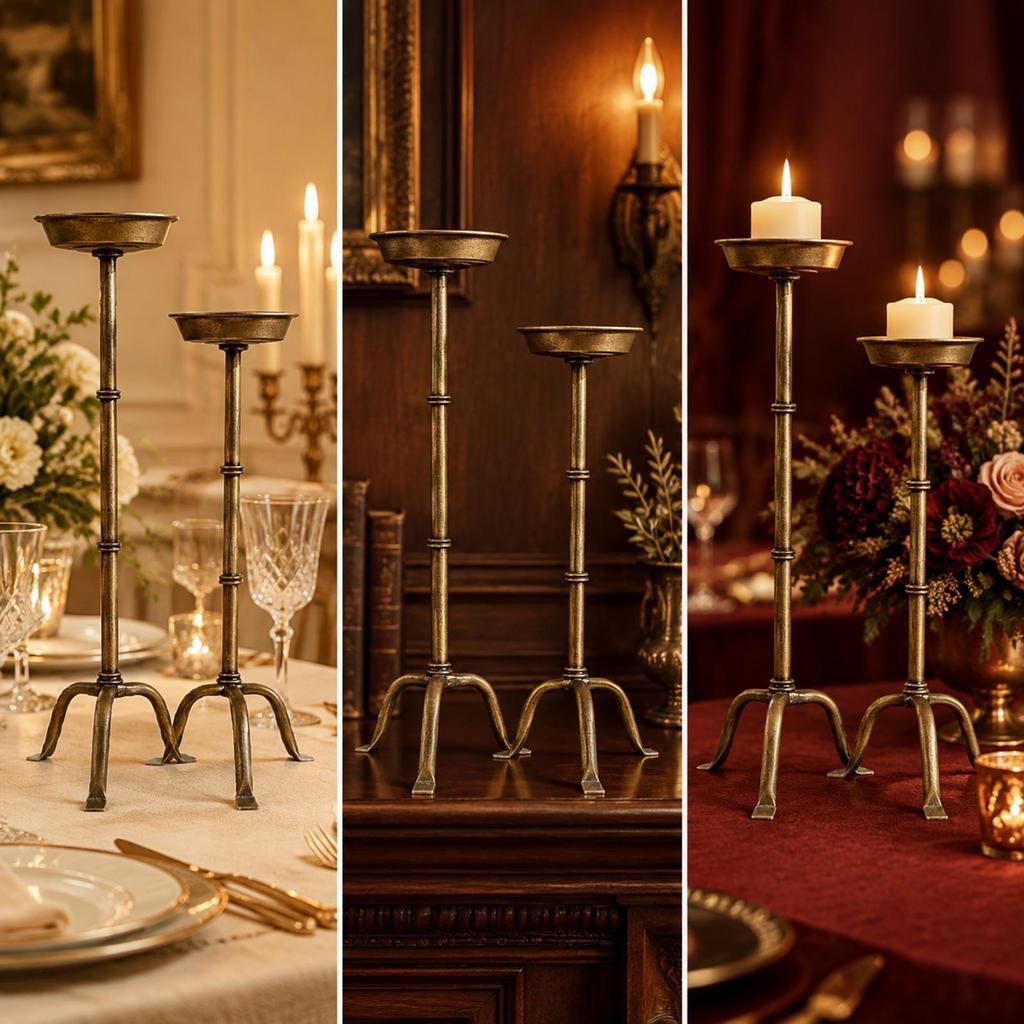 2 Pieces Iron Candlestick Holder Antique Bronze Finish Detachable Candle