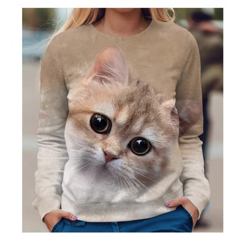 Höst 3D Katt Tryckta Sweatshirts Trendiga Casual Sport Långärmade Dam Sweatshirts