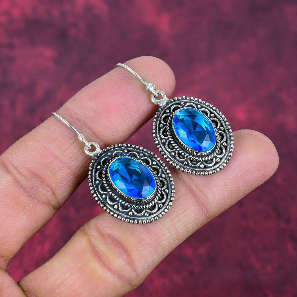 Blaue Topas Ohrringe, 925 Sterling Silber Edelstein Schmuck, handgefertigte Ohrringe, für Thanksgiving