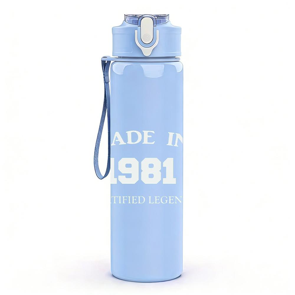1PC Made In 1981 Faint Pale Text Print 750ml Colorful Plastic Sports Water Bottle Leakproof Pop Up Lid with Straw for Outdoor Work Home Use