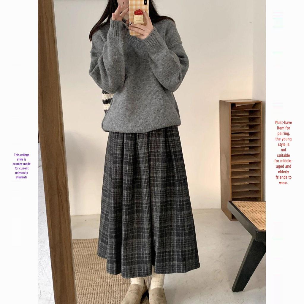 Academy Retro Plaid Wool Midi Skirt: Autumn/Winter, High-Waisted, Elastic, Big Swing, Slimming Pleated Design