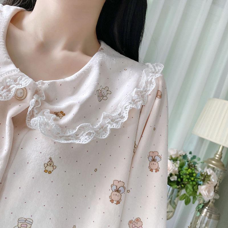 (Island Velvet) Cartoon Cute Female Autumn and Winter Thermal Pajamas Set, Double-sided Velvet Thickened Long-sleeved Trousers, Air-conditioned