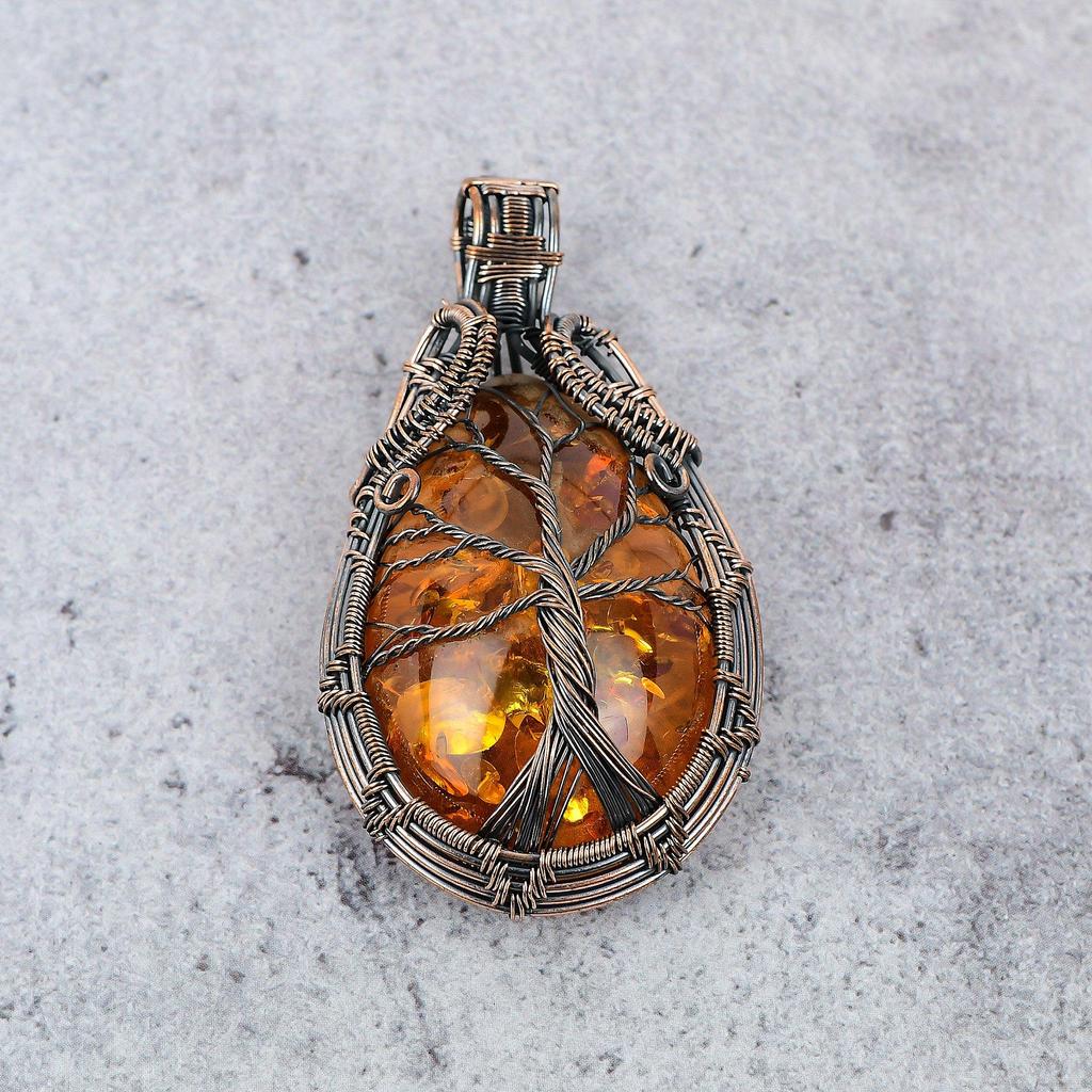 Tree Of Life Baltic Amber Pendant, 999 Copper Wire Wrapped Gemstone Jewelry, Handmade Pendant For Mother Day