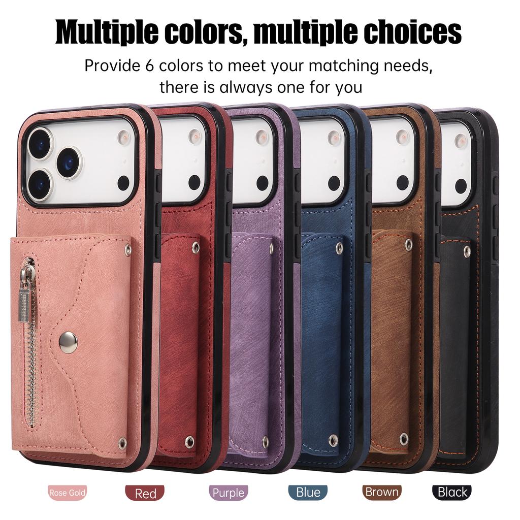 Business Zipper Cards Solt Wallet Leather Case For iPhone 17 Pro Max 16 Plus 15 14 13 12 11 17air 16E Bag Pocket Kickstand Cover